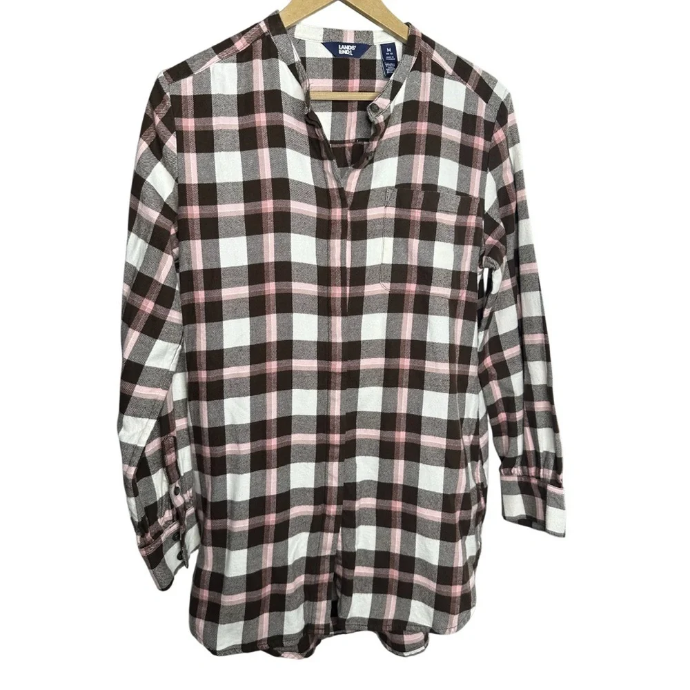 Lands' End Plaid Flannel Blouse | Brown Pink Ivory | Cotton | Medium